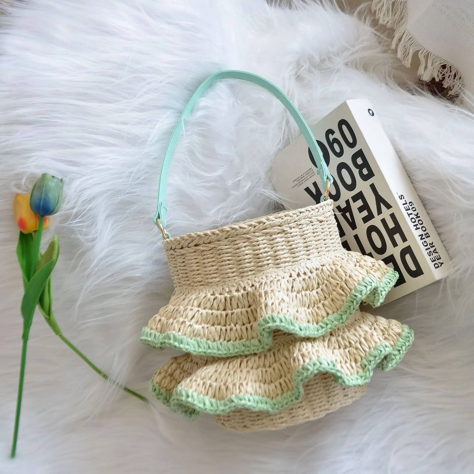 Summer Ruched Bucket Bohemian Shoulder for Women Travel Beach Bag Handbagsand Purses Paper Rope Woven Bags Clutch high-quality