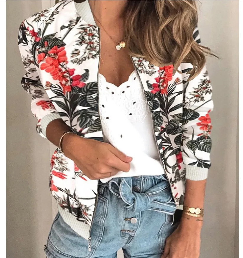 Women Elegant Zipper Bomber Jacket Spring Autumn Floral Printed Jackets Office Wear Slim Coat Retro Outwear 250815