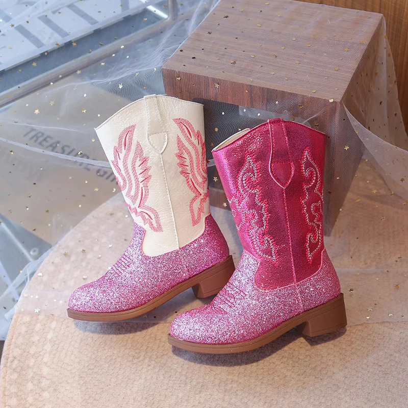 Girls Boots Toddler Snow Gear Mid Calf Glitter Western Cowboy Boot 2025 Autumn Big Kid Riding Girls Botas Size 2736 Kids Shoes 250902