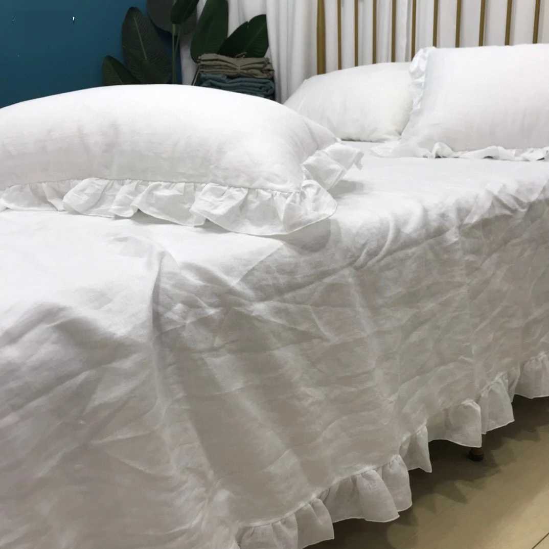 Pure Linen Ruffle Bed Sheets Set ( 1 Ruffle Flat Sheet and 2 cases) Bedsheets Full Set for Queen King Single Double Bed Y250819