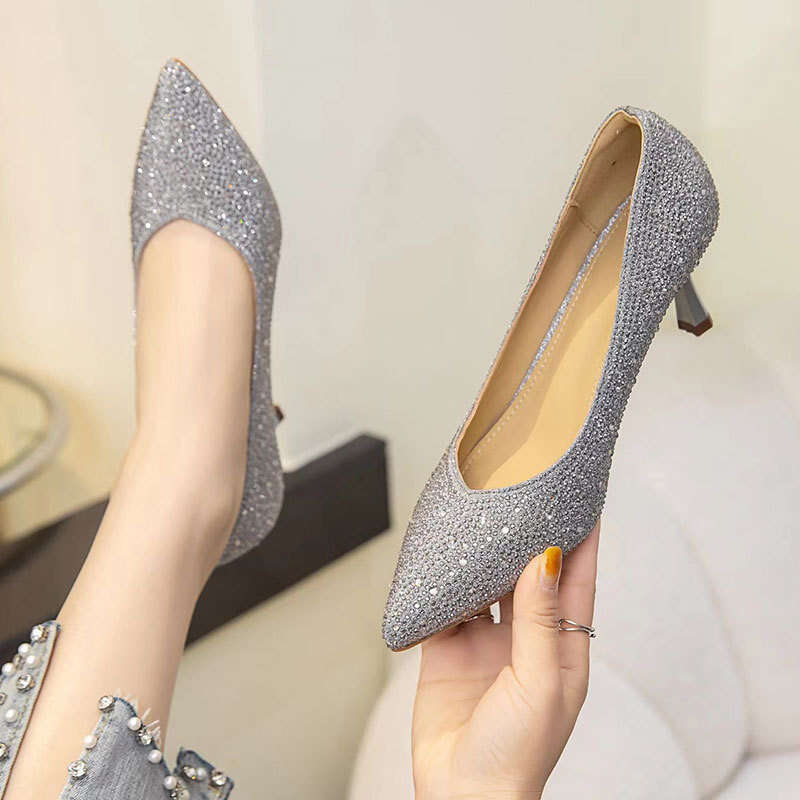 Full Diamond Elegant Pointed Toe Fashion Gold Rhinestone Stiletto Single Women Slip-On High Heels Ladies Wedding Shoes