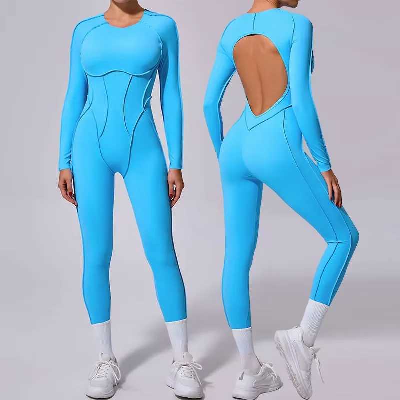 One-piece Yoga Set Jumpsuit Women Long Sleeved Set Quick Drying suit Gym Training Suit Sportswear Bodysuits Women Fitness Black S25820
