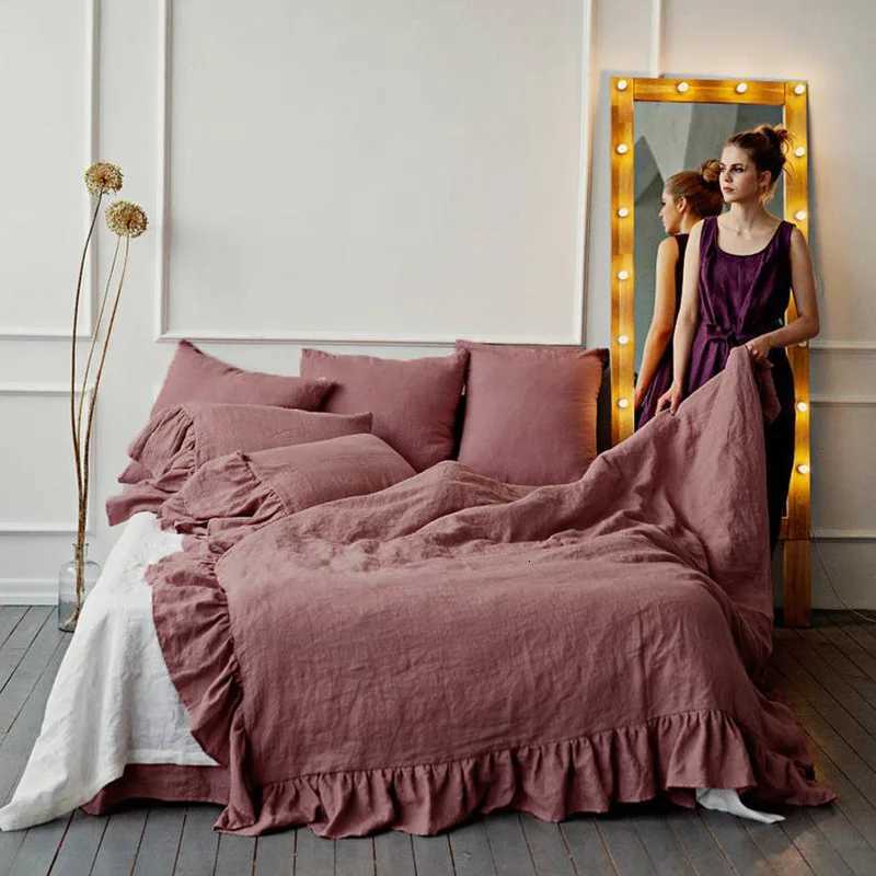 3PCS 100% Pure Linen Ruffle Duvet Cover Set case And Duvet Cover Double Queen King Size Soft Bed Set Flax Bedding Kit Y250819