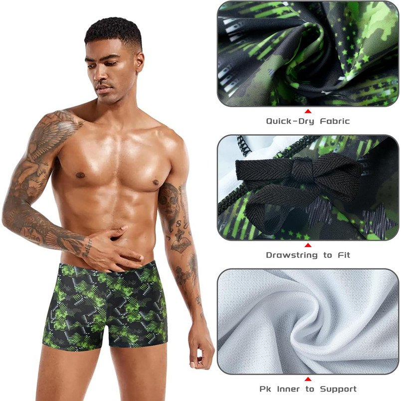 Swimsuits for Swimming,Swim Jammer Men Square Legs UPF50 +, Trunks with Drawstring (Black Green Printed 2XL)