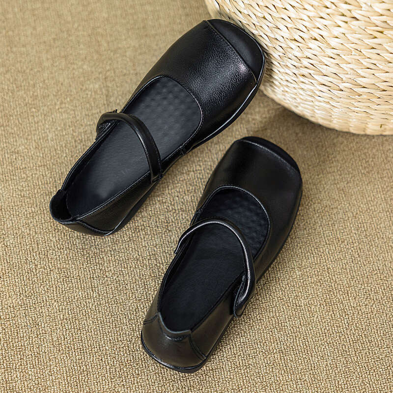 2025 Summer Autumn New Shallow Genuine Leather Mom Round Toe Flat Non-Slip Comfortable Mid-Age Women's Single Shoes