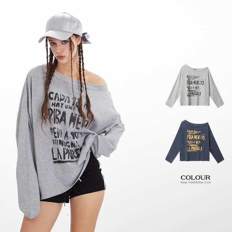 Heyhenry Hot Girl Style Asymmetrical Neck Design Letter Print Long Sleeve Top Women Loose Versatile T-Shirt B5