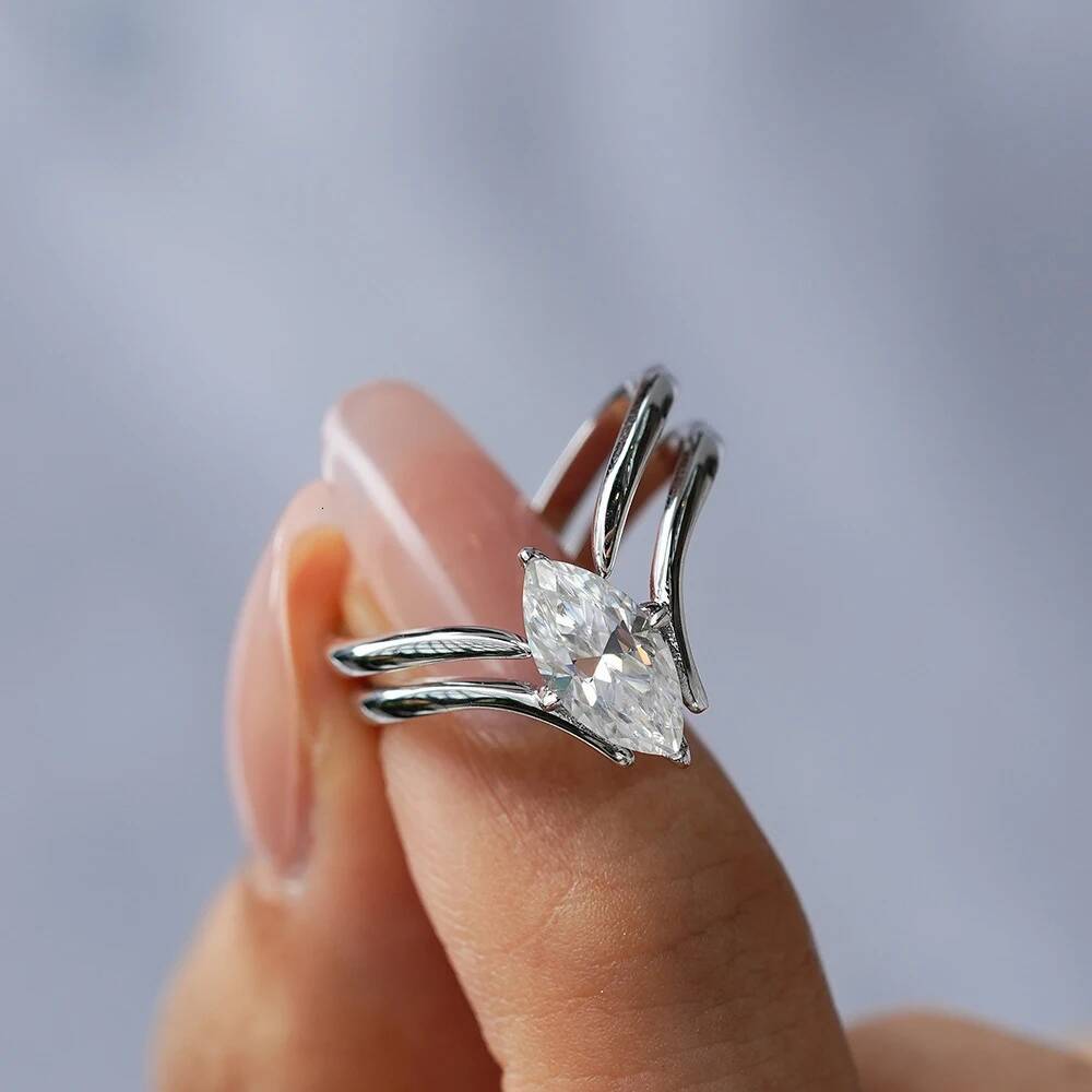 5x10mm Marquise Cut Moissanite Engagement Ring for Women V Shape Prong Ring Set Wedding Bands 925 Sterling Silver Jewelry Gift