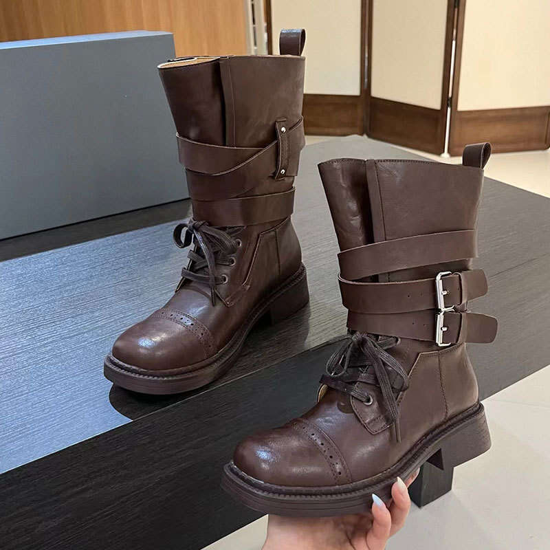 2025 New British Style Lace-up Belt Buckle Chunky Heel Martin Women Fashion Mid-calf Versatile Brown Short Boots