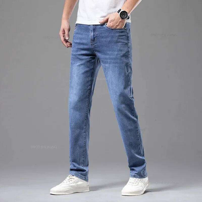Summer Elastic Men's Jeans Fashion Gray Comfortable Business Straight Stretch Cotton Casual Denim Pants Brand Male Thin Trousers