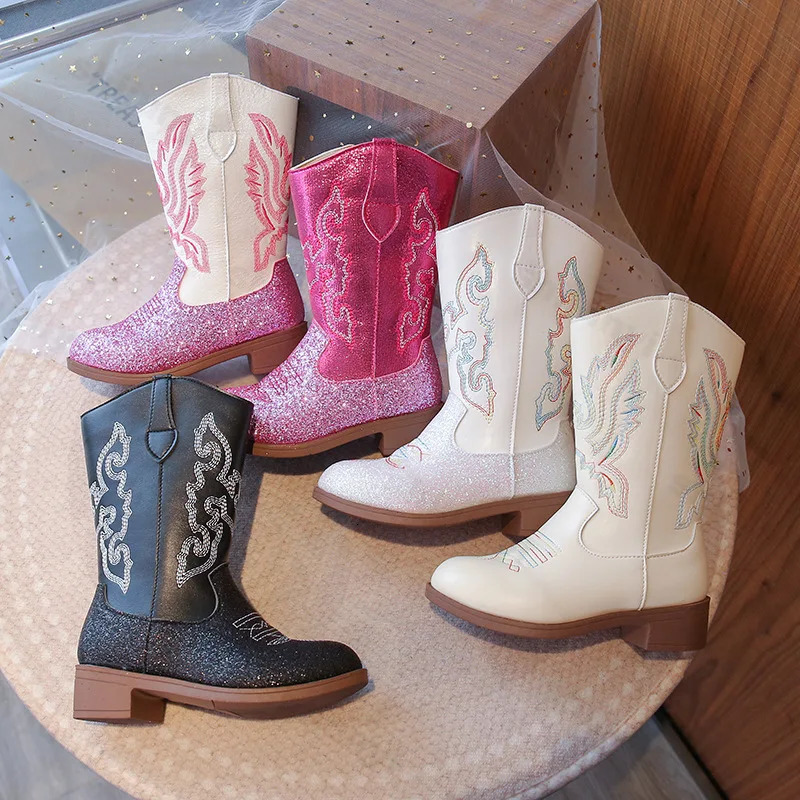 Girls Boots Toddler Snow Gear Mid Calf Glitter Western Cowboy Boot 2025 Autumn Big Kid Riding Girls Botas Size 2736 Kids Shoes 250902