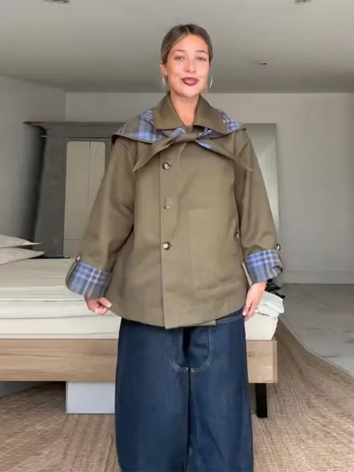 Vintage Plaid Reversible TwoWay Coat Jacket Womens Oversized Long Sleeve Loose Fit Lapel Outerwear Chic Autumn Casual Outfit 250815