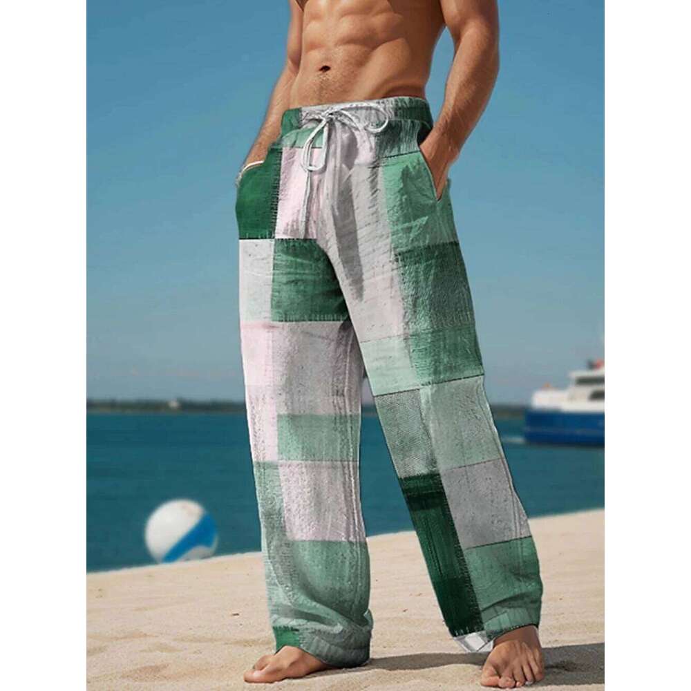 Plaid Color Block Men's Resort 3D Printed Casual Trousers Elastic Waist Fit Straight-Leg Pant Summer Beach Pants 6XL
