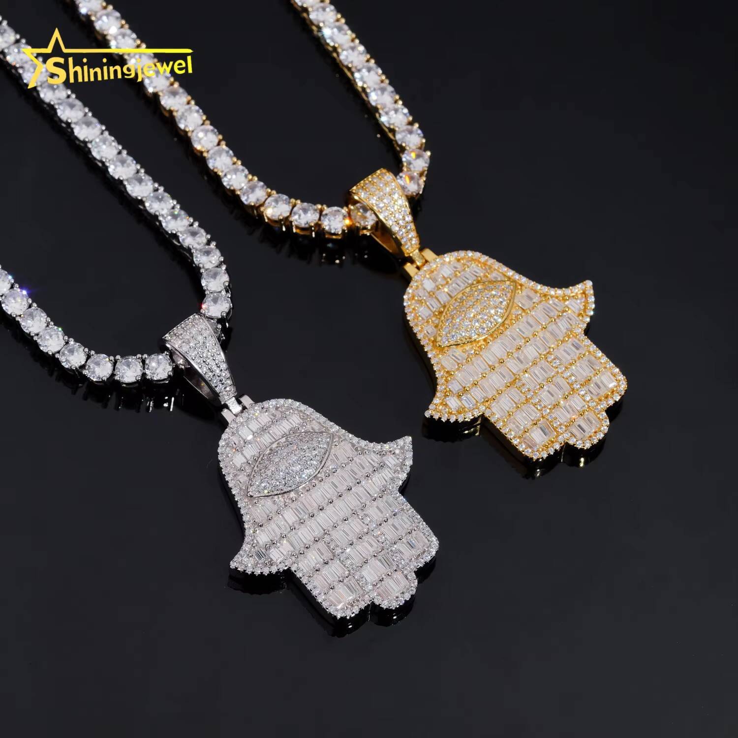 Iced Out Fine Jewelry 925 Sterling Silver VVS Baguette Moissanite Hamsa Pendant Custom Moissanite Pendant GRA Certificated