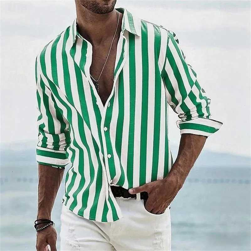 2025 new mens long-sleeved blue striped 3D printed shirt high-quality social mens wear fashionable Hawaiian shirt Y250819