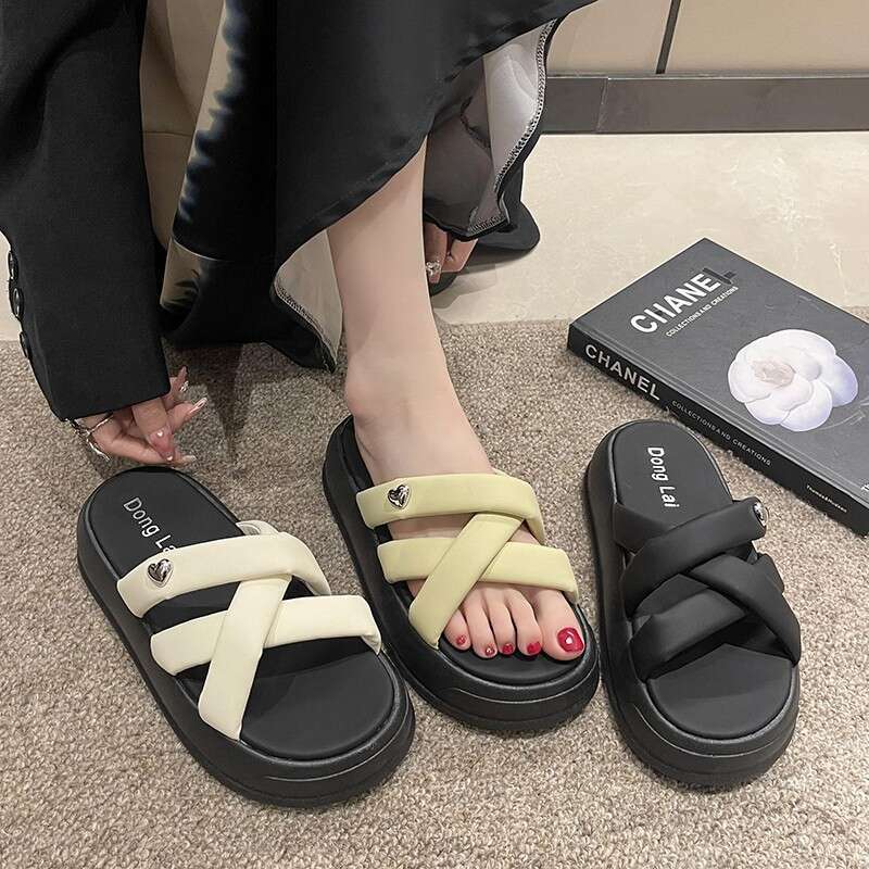 2023 Summer New Roman Thick-Soled Slip-On Lazy Cross-Woven Dissolved Outdoor Casual Women's Slippers