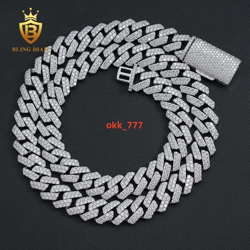 Factory Direct Wholesale Moissanite Cuban Chain Necklace Hip Hop Style VVS Diamond 2 Rows Sizes 12mm 925 Silver Men