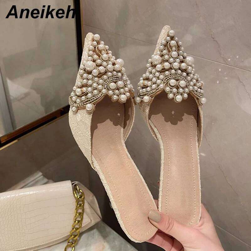 Aneikeh Spring/Autumn Fashion Sexy Women Shoes Elegant String Bead Crystal Patchwork Slip-On 35-42 Thin Heels Slipper NEW 2025