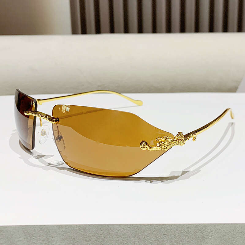 New Cat Designer Eye for Men, High-End Metal Luxury Gold Trendy Rimless Leopard Head Sunglasses