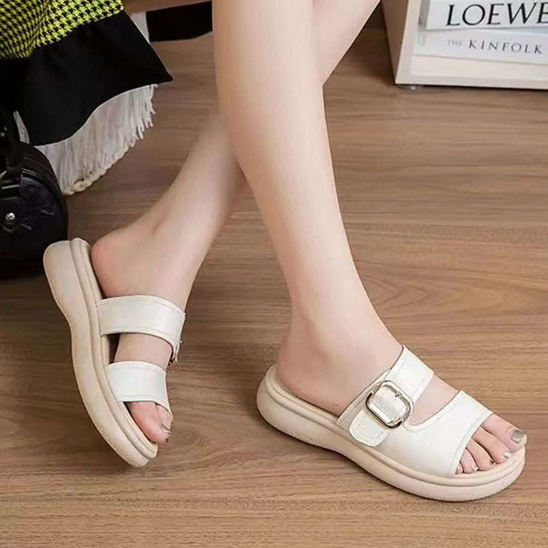 2025 New Top Layer Cowhide Sole Maternity Slippers Beach Soft Leather Fairy Style One-Strap Sandals for Women Summer Outdoor Wear