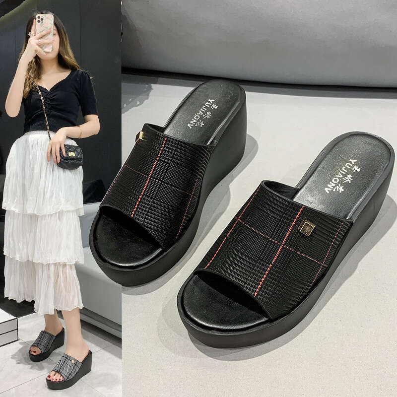 2023 Summer New Korean Fashion Open-Toe High Heel Platform Wedge Thick Sole Slippers