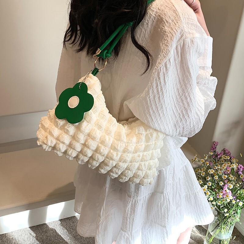 2025 Autumn Bubble Flower Women's Handheld Cylindrical Bag Korean Japanese Style Girl Texture Shoulder Handheld Lunch Bag Shopping Bag Women'