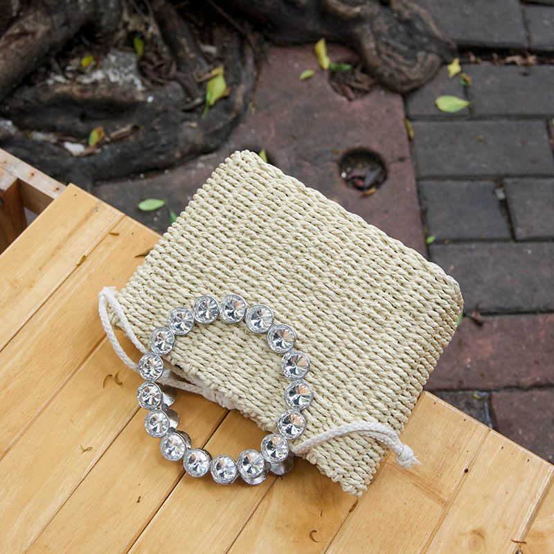 Fresh and Sweet Style Woven Look Straw Shiny Rhinestone Handbag Chain Trendy Bag Shoulder Bag Crossbody Bag