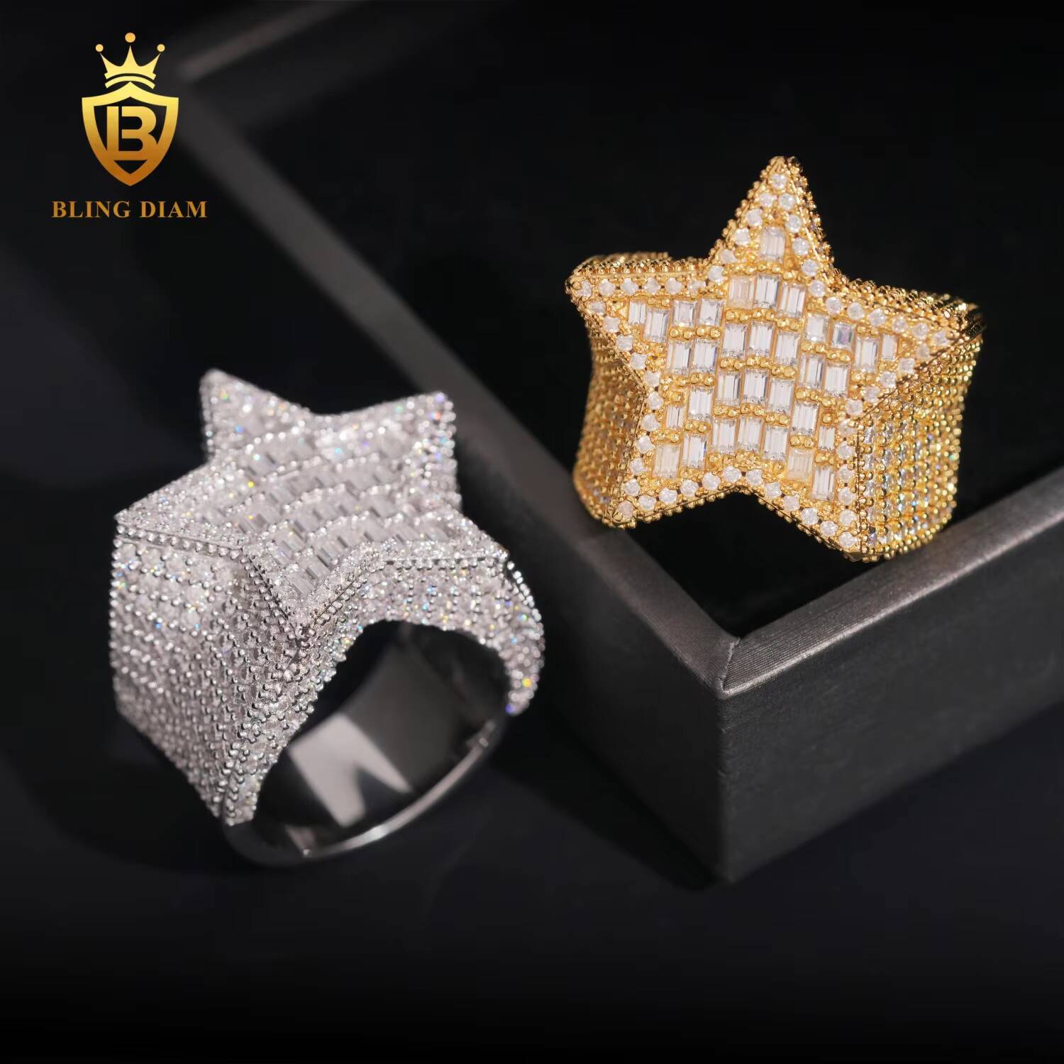 Iced Out Hip Hop Jewelry 925 Silver Gold-Plated Vvs Moissanite Ice Out Fully Diamond Mens Star Cuban Rings With Box