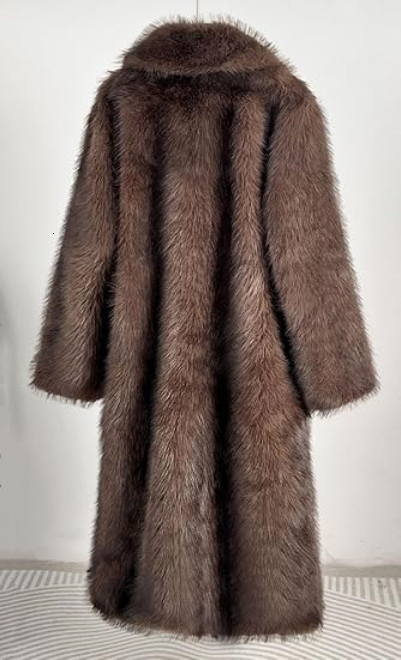 Womens Dark Brown Faux Fur Long Overcoat Fashion Single Breasted Fleece Warm Long Coat Winter Fluffy Plush Warm Thick Outerwear 241015