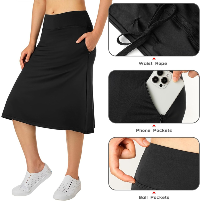 Women's Midi with Zipper Pockets,26" Knee Length Skorts for Women Athletic Swim Skirts
