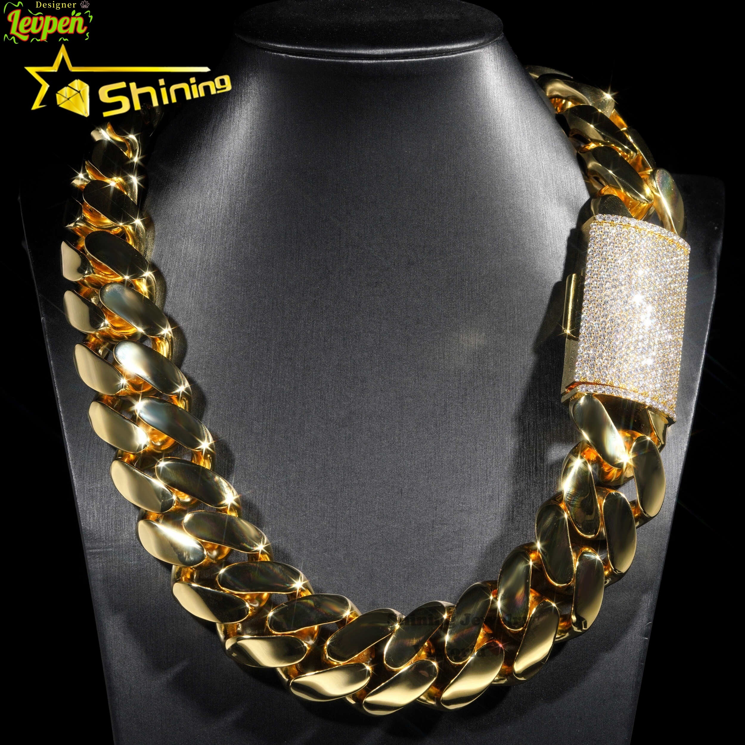 Rock Custom Super Thick Heavy Men Necklace 18K Gold Plated Brass Miami Cuban Link 30MM Cuban Chain With Moissanite Diamond Lock