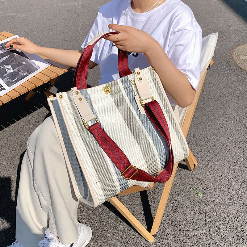 2025 New Women's Handbag Tote Bag Trendy Canvas Striped Student Shoulder Crossbody Backpack