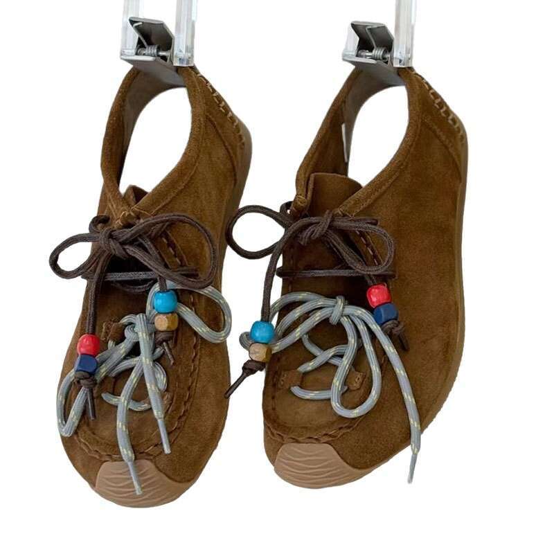 2025 New Matte Leather Double Lace Ins Lightweight Breathable Loafers Women's Casual Versatile Slip-On Shoes