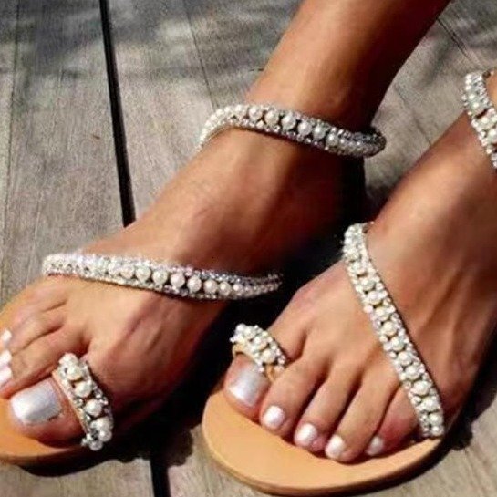 2025 Summer New Women's with Rhinestones and Beads, Open Toe Flat Sandals for Women, Plus Size Shoes ddmymoon