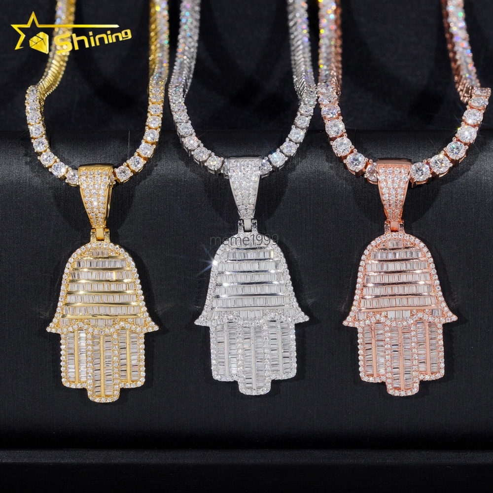 Pass Diamond Tester Hip Hop Jewelry 925 Sterling Silver Gold Plated Iced Out VVS Baguette Custom Moissanite Pendant Hamsa