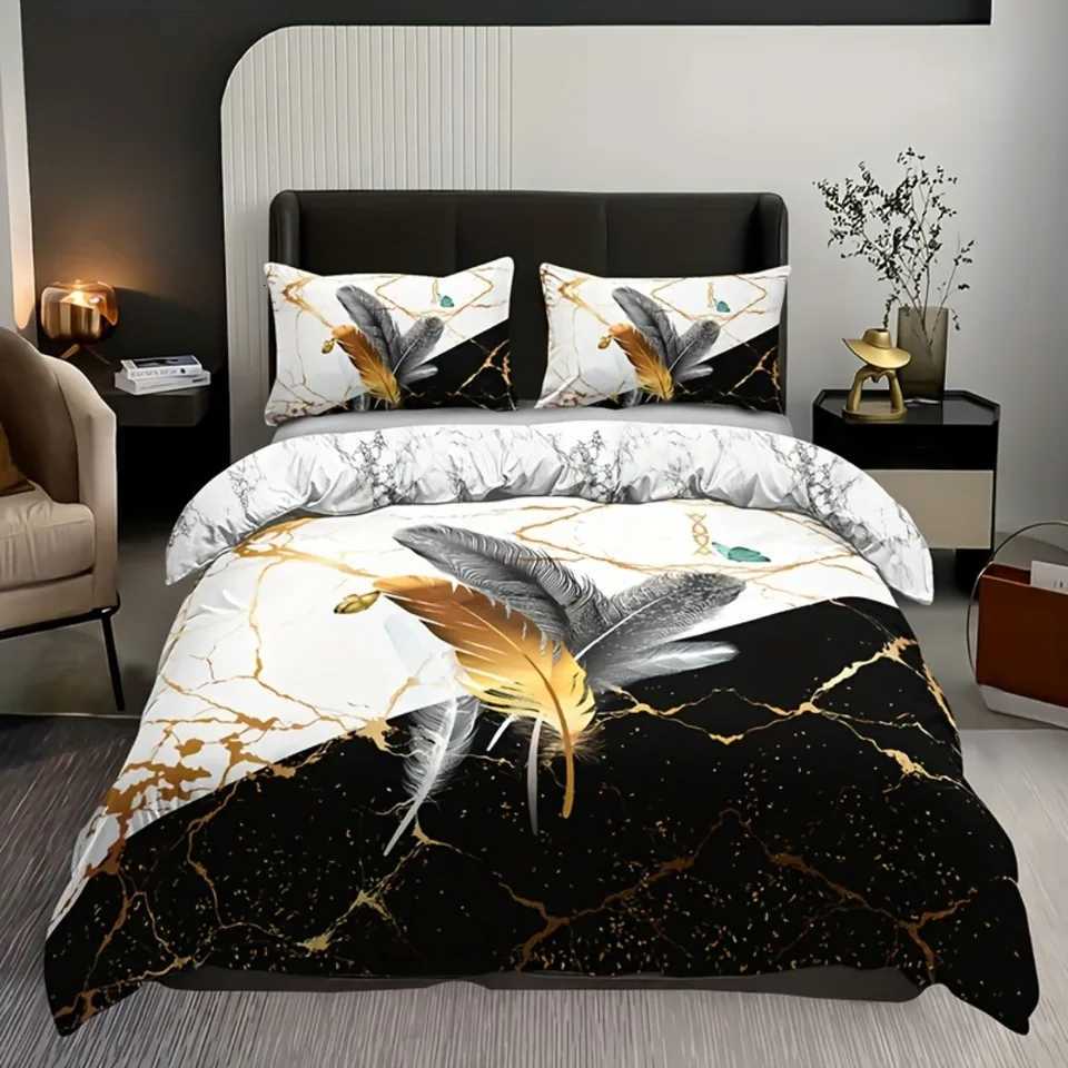 Fashion Bronzing Marble Feather 3D Printed Bedding Set Comfortable Duvet Cover King Queen Single Size Bithday Gift for Sister Y250819