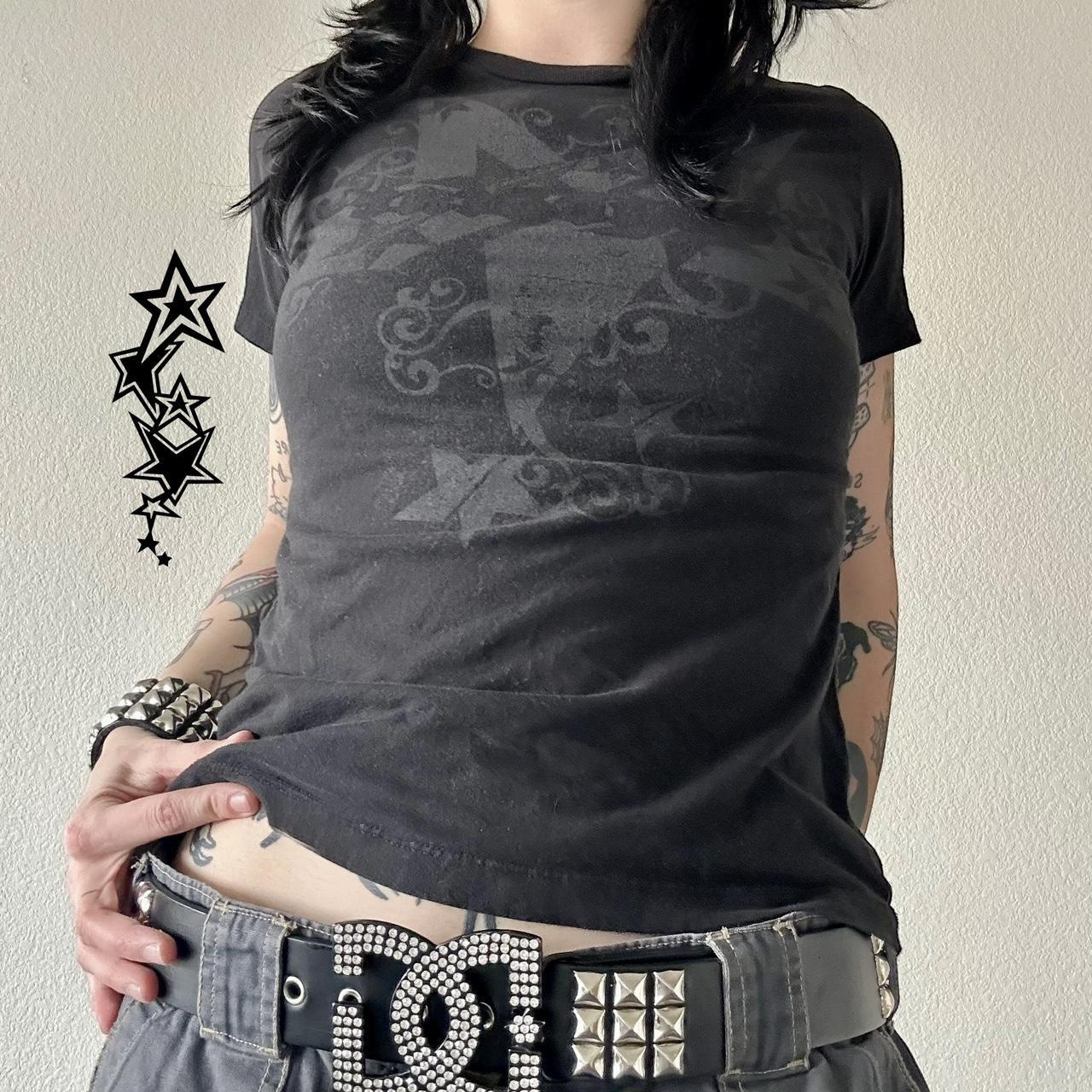 Vintage Graphic Skull Print T-shirts Y2K Cyber Aesthetic Tops Patchwork Long Sleeve Tee Gothic Grunge Emo Alt Clothes Streetwear 240810