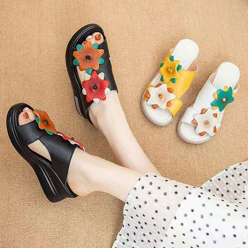 2025 Summer Bowknot One-Strap Slippers for Women New Versatile Casual Thick-Soled Comfortable Genuine Leather Outdoor Sandals
