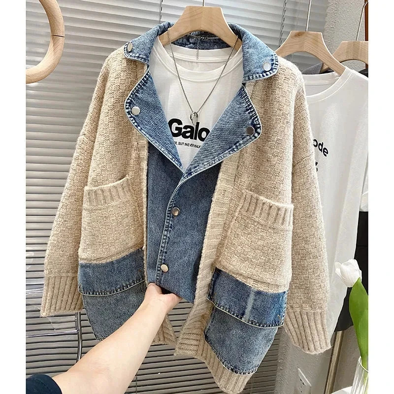 Autumn Winter Women Splicing Denim Jacket Women Long Sleeve Jean Jackets Female Loose Sweater Cardigan Jacket 250820