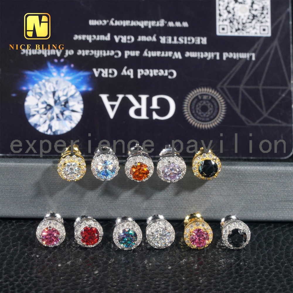 Hot Selling Hip Hop Earrings 5mm Main Moissanite Diamond Ear Studs Blue Green Red pink Lab Diamond Silver Earrings for Men Women