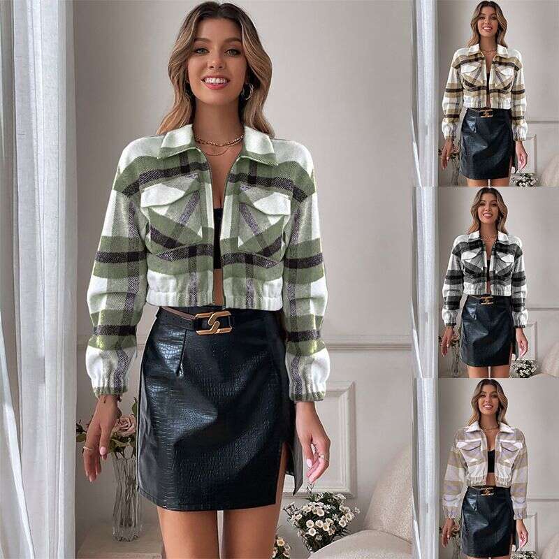 Women's Printed Plaid Versatile Pocket Zipper Jacket Autumn and Winter Casual Short