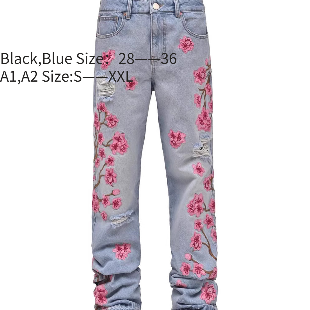 Men's Jeans Men Fashion Denim Pants Floral Embroidery Ripped With Pockets Casual Trousers Vintage Streetwear