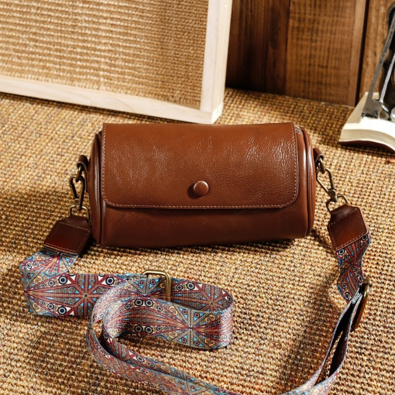 Free Shipping Designer Luxury Leather Women's Cylindrical Bag With Wide Shoulder Straps New Versatile Single Shoulder Crossbody Bag Cowhide Round