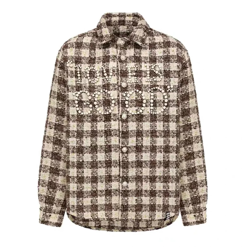 2025 New Arrival Men's Jacket American High Street Pearl Fashion Plaid Long Sleeve Shirt Coat Tops