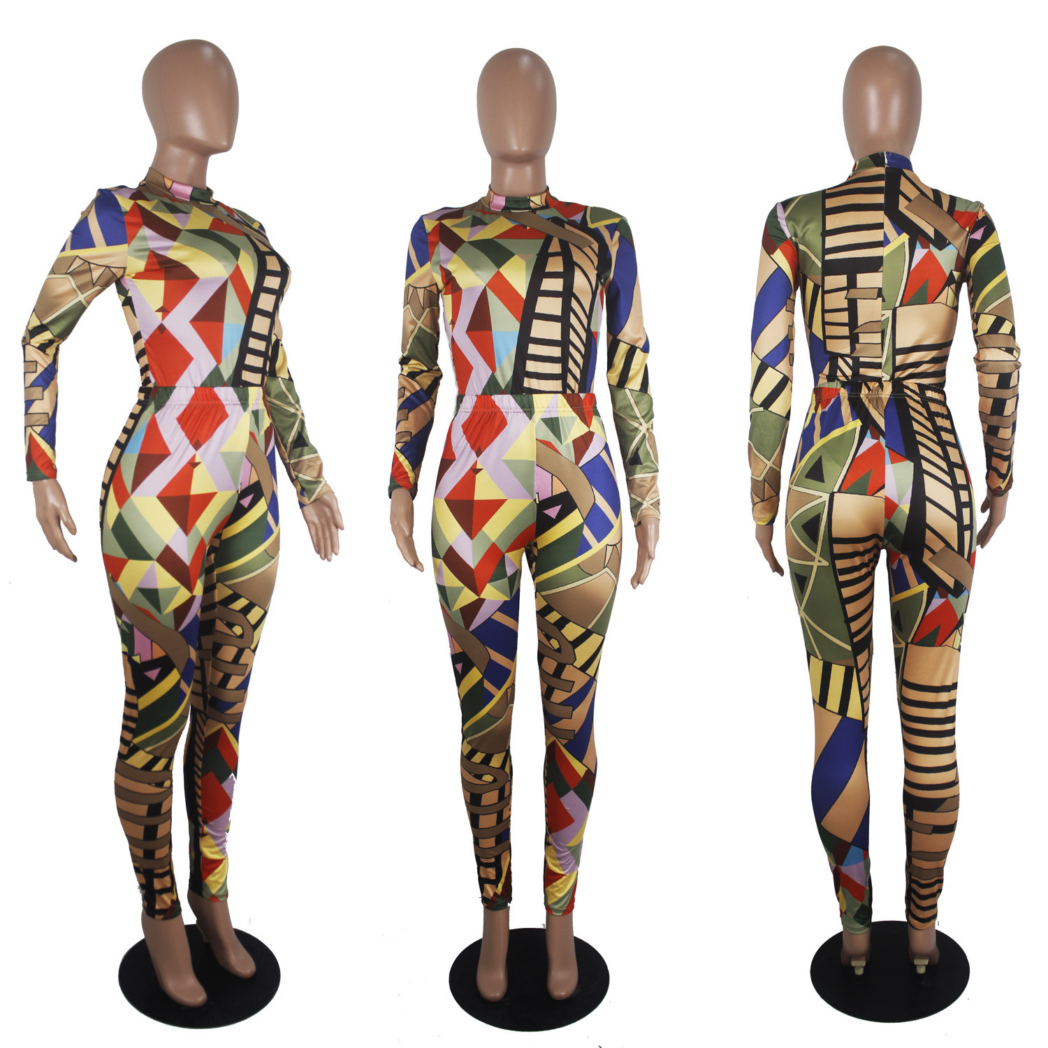 D9209 Womens Sexy Geometric Pattern Positioning Printed Jumpsuit + Long Pants Two-piece Set