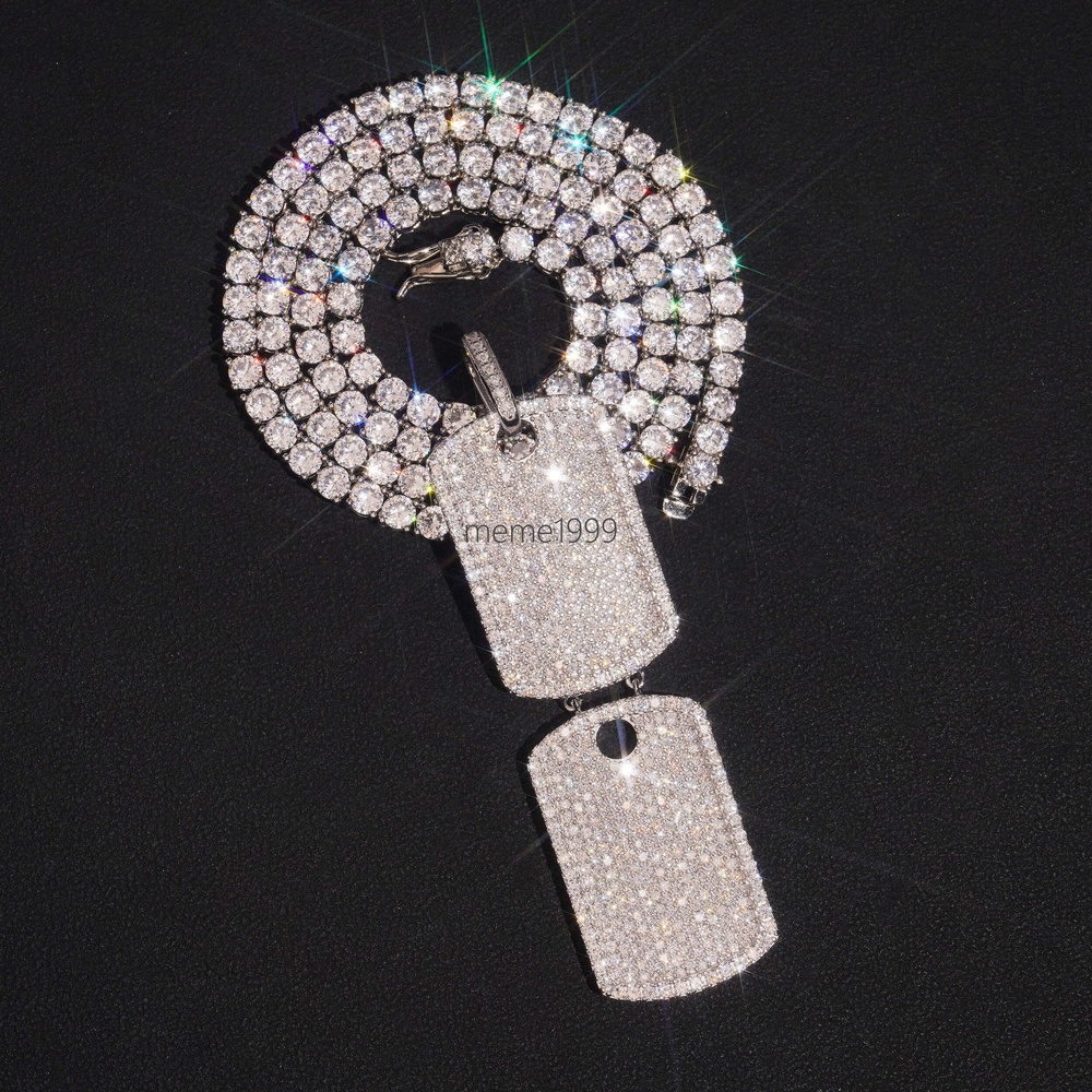 White Gold VVS Moissanite Diamond Double Dog Tag Pendant Match 4MM Tennis Chain Necklace