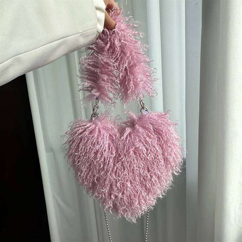 Faux Natural Fur-Ever Mongolian Furry Heart Shape Oversized Tote Bags For Women Handbags With Long Shoulder Fur Straps
