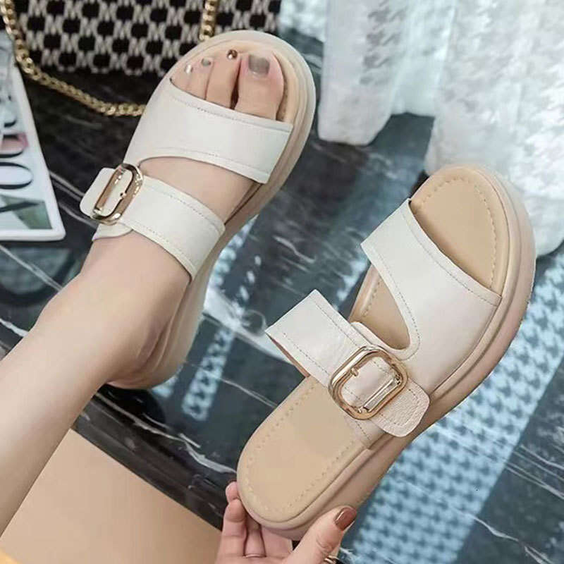 2025 New Top Layer Cowhide Sole Maternity Slippers Beach Soft Leather Fairy Style One-Strap Sandals for Women Summer Outdoor Wear