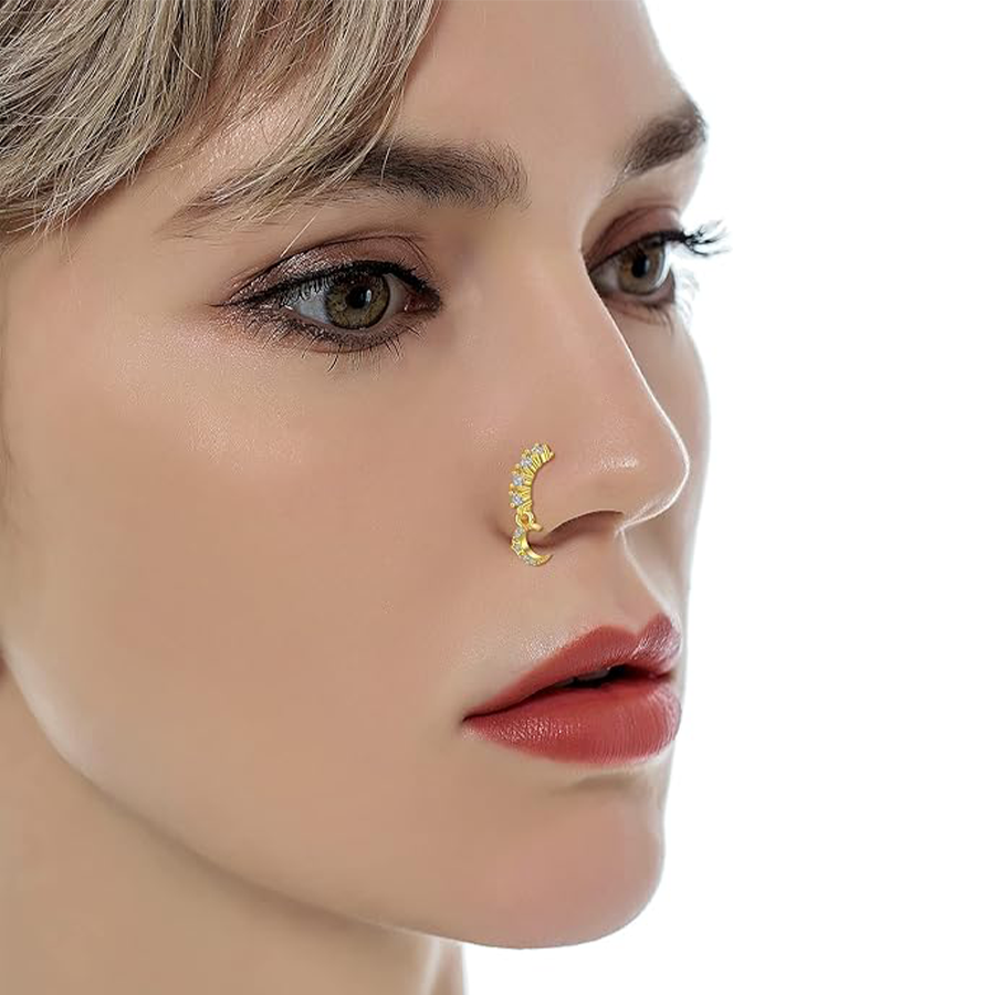 10Pcs Dangle Nose Rings Hoop Butterfly Heart Moon Flower Star CZ Cartilage Earring Dangling Nose Body Piercing Jewelry 20G Gold Tone