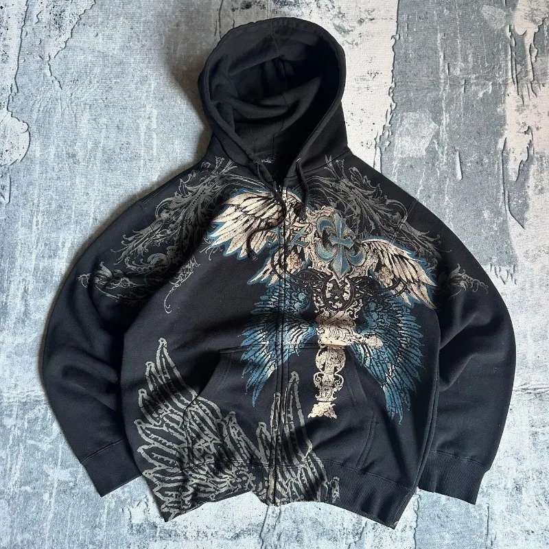 Harajuku Fashion Pattern Watermark Loose Hoodie Women Y2K Gothic Vintage Hip-hop Casual Punk Sports Sweater Coats250820