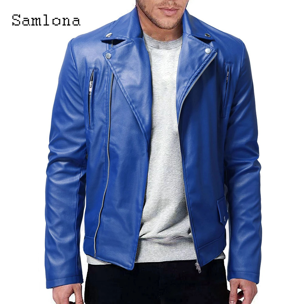 Samlona 2023 European Style Cool Jackets Blue Red Soft Faux Leather Men Fashion Zipper Pocket Synthetic Pu Coats 250815